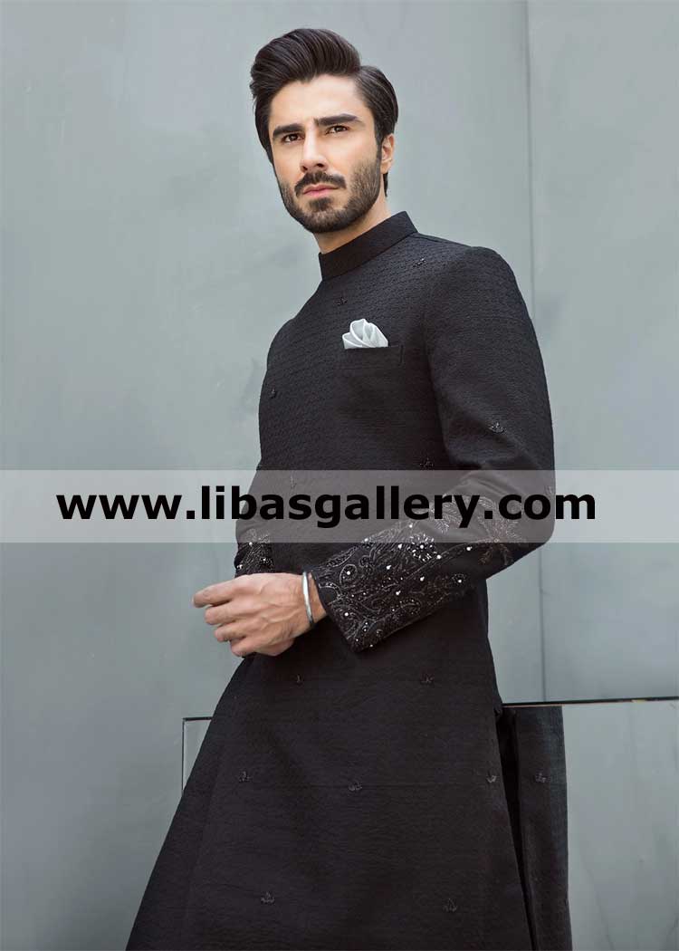 Black Chikankari Groom wedding sherwani glamorous modern uplifting