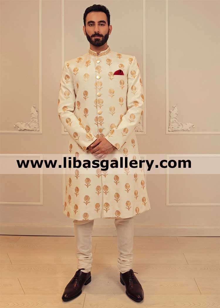 Groom sherwani Turkish carnation embroidery over a crisp off white base