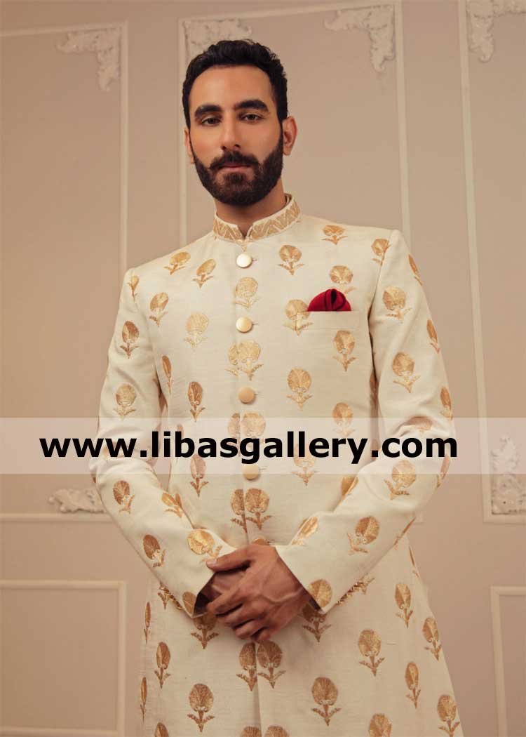 Groom sherwani Turkish carnation embroidery over a crisp off white base