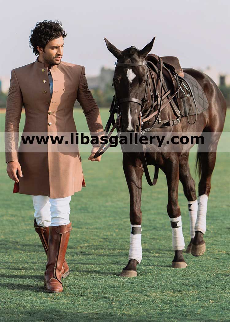 chocolate brown nikah barat groom quilted sleeves sherwani suit