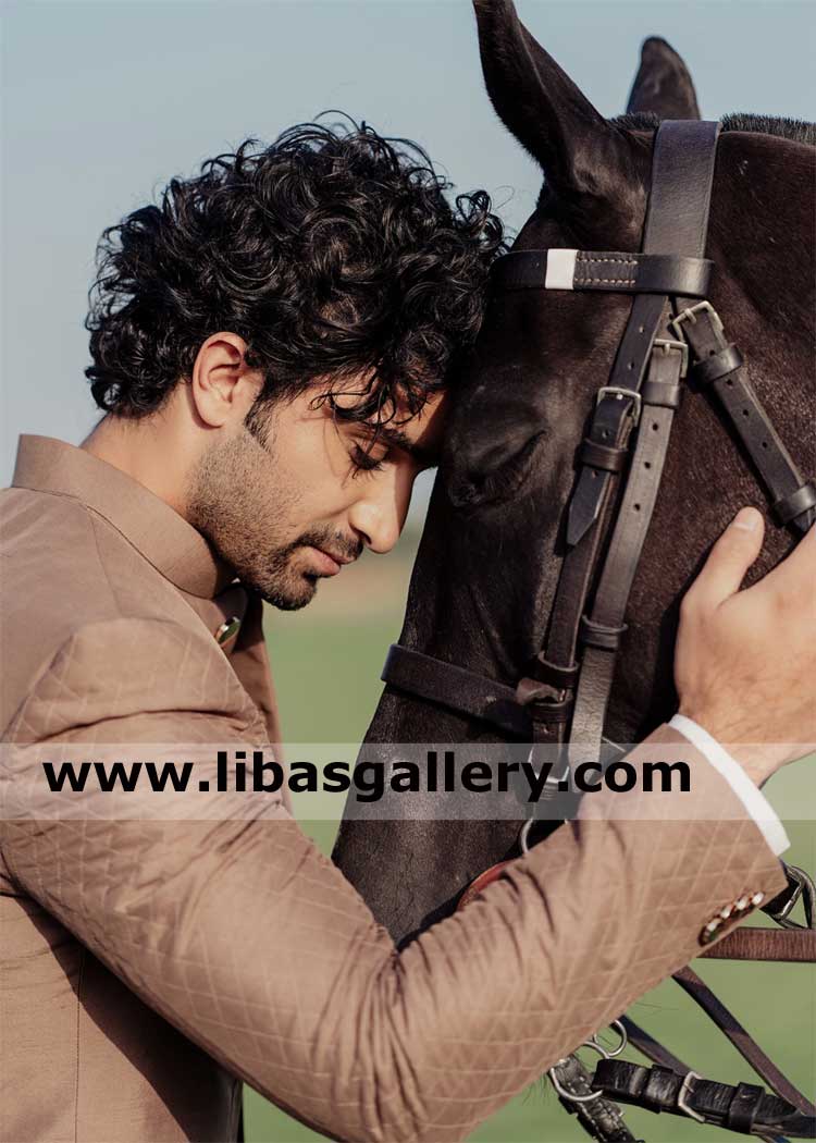 chocolate brown nikah barat groom quilted sleeves sherwani suit