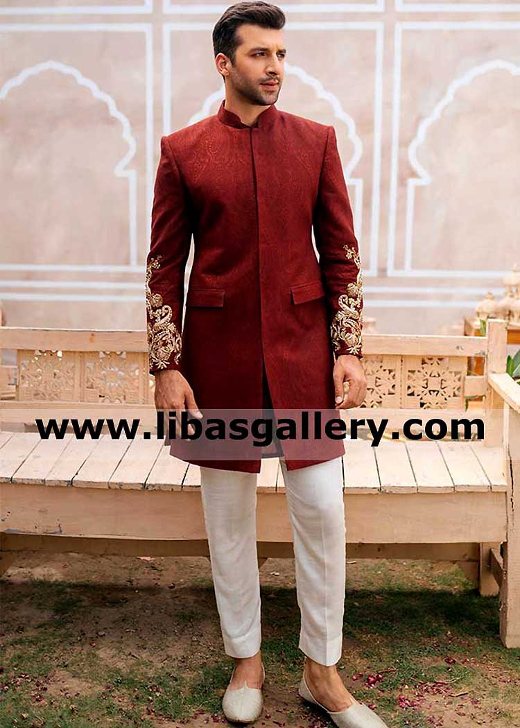 Red Maroon Gold barat nikah Short length Groom sherwani gold hand embellished sleeves by kora dabka stones USA France UK Dubai Red Maroon Gold barat nikah Short length Groom sherwani gold hand embellished sleeves by kora dabka stones USA France UK Dubai
