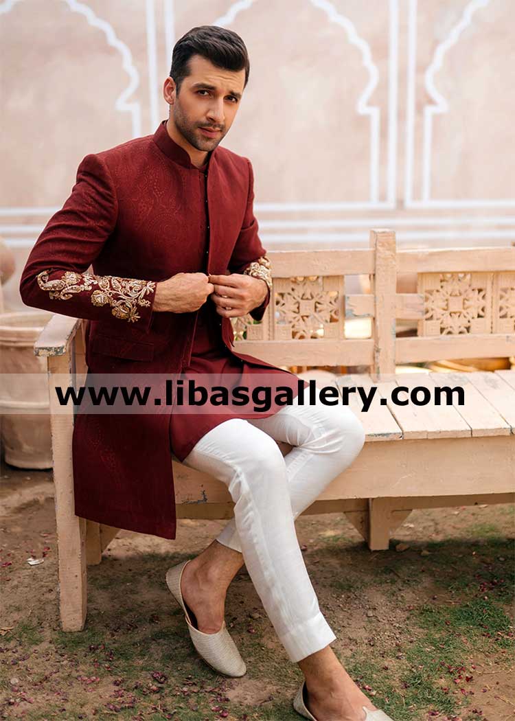 Red Maroon Gold Men barat nikah Short length wedding jacket