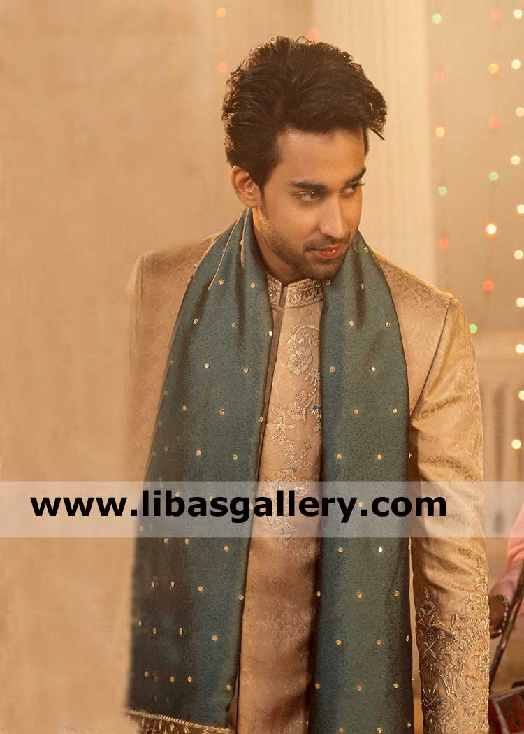 Golden Embellished self jamawar groom nikah barat sherwani