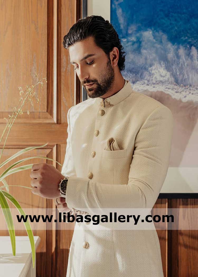 Delicate handcrafted collar corner motif ivory groom wedding sherwani design