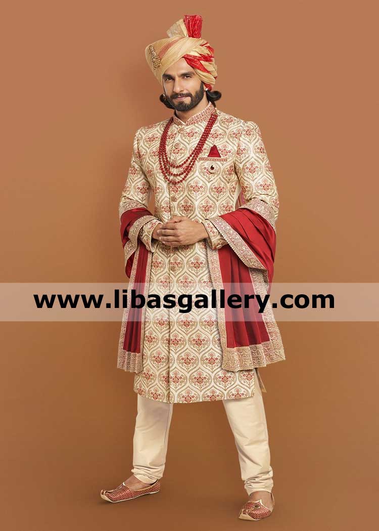 Embroidered wedding sherwani in biscuit color for groom dulha desi shadi in raw silk worldwide delivery bespoke achkan for dulha nosha kuwait qatar saudi arabia Embroidered wedding sherwani in biscuit color for groom dulha desi shadi in raw silk worldwide delivery bespoke achkan for dulha nosha kuwait qatar saudi arabia