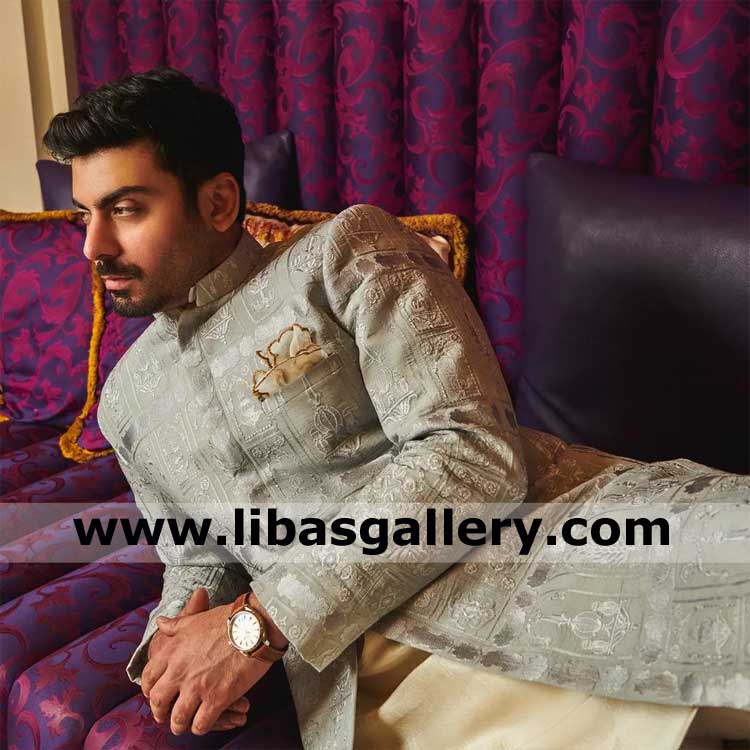 Architecture inspired carved brick patterns Embroidered Man Sherwani design