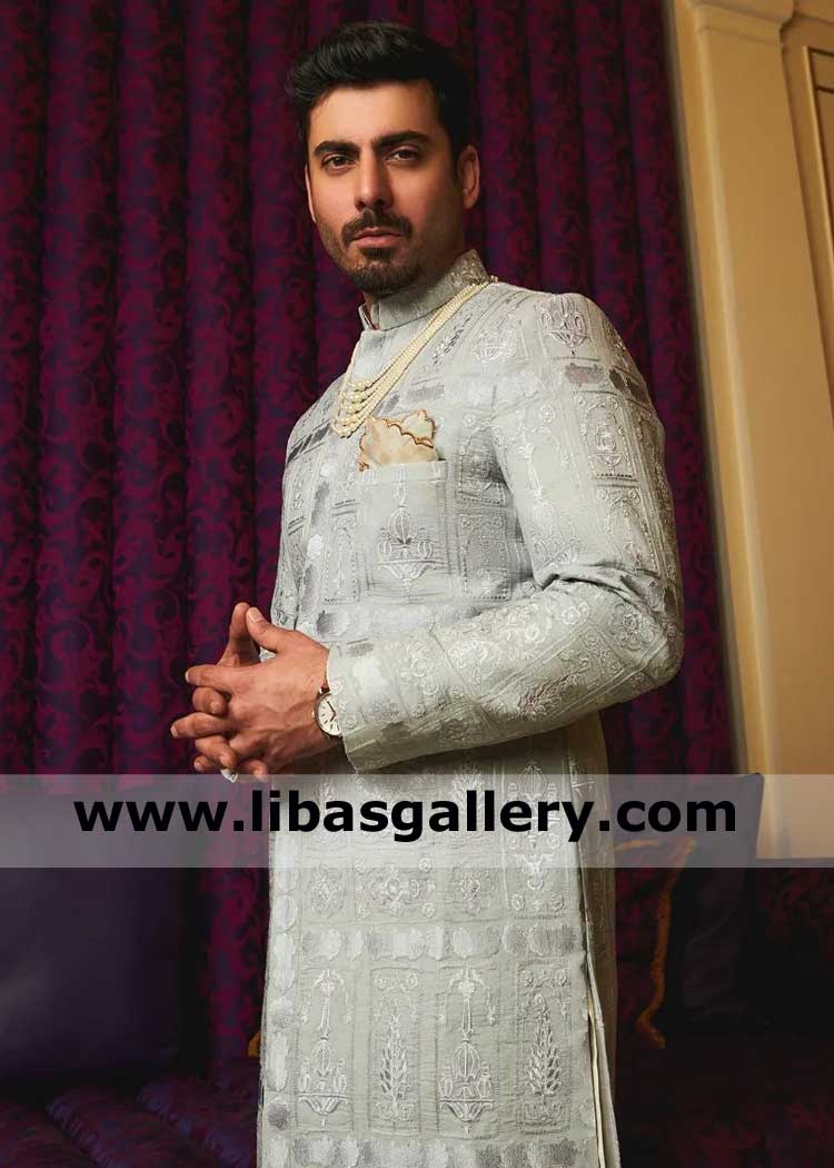 Architecture inspired carved brick patterns Embroidered Man Sherwani design