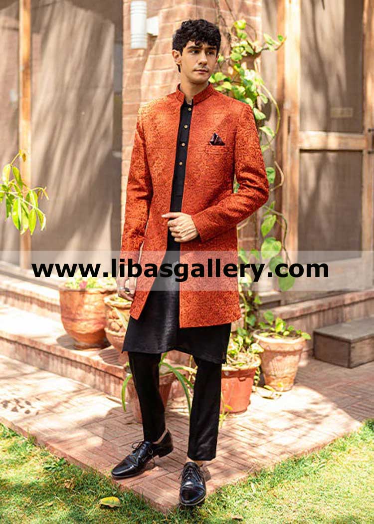 delicately embroidered orange groom wedding nikah jacket 