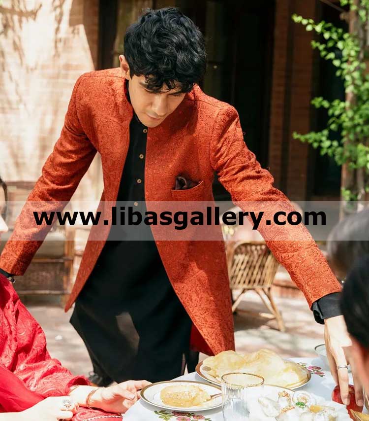 delicately embroidered orange groom wedding nikah jacket 