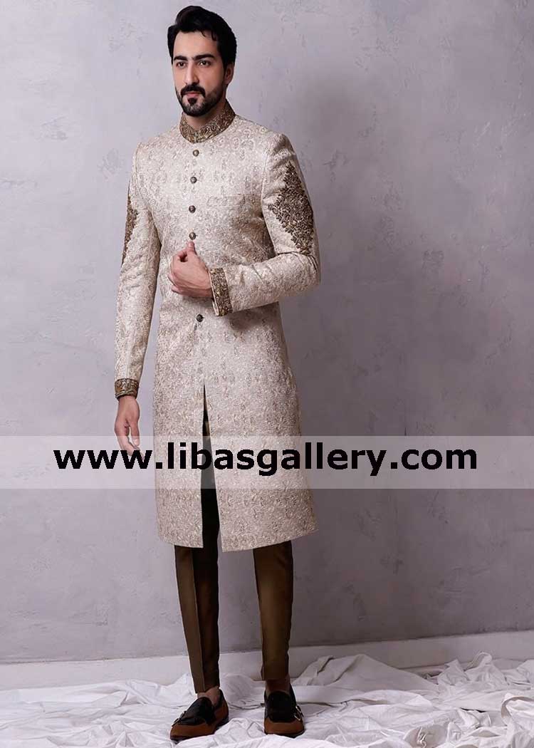 Rich quality Mens custom made wedding sherwani ensemble