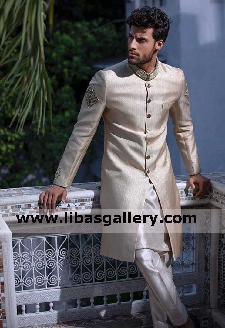Groom is waiting in designer sherwani for barat departure