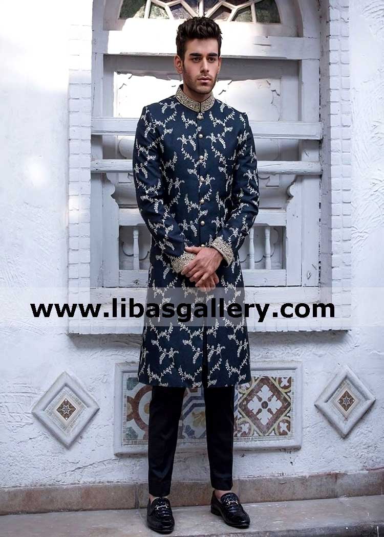 oxford blue non over lap raw silk wedding sherwani suit thread embellished jaal nicely stitched on custom body measurements uk usa canada dubai