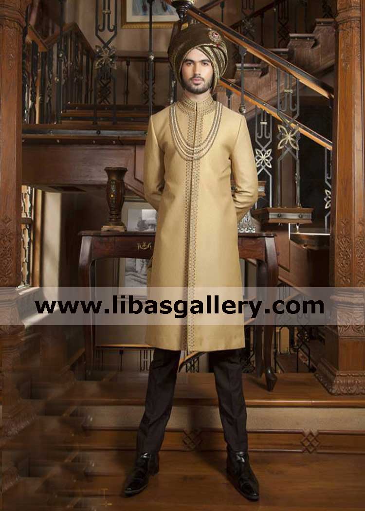 Exclusive gold wedding sherwani suit for nikah barat day