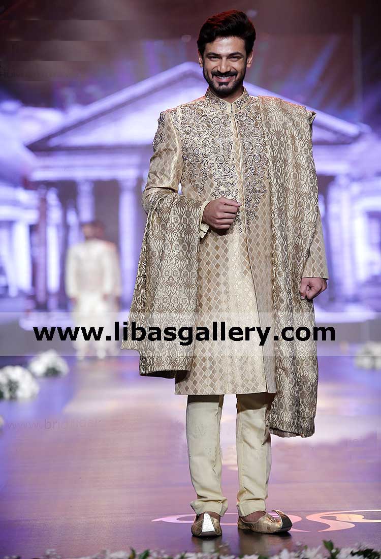 Gold jamawar sherwani for exotic man coming to home country for wedding