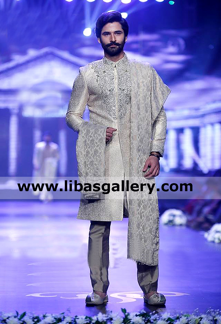 Ivory gold jamawar wedding sherwani for groom with inner kurta pajama