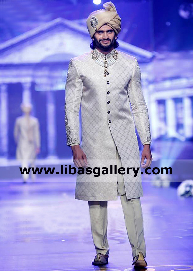 Handsome slim groom in jamawar nikah barat wedding sherwani