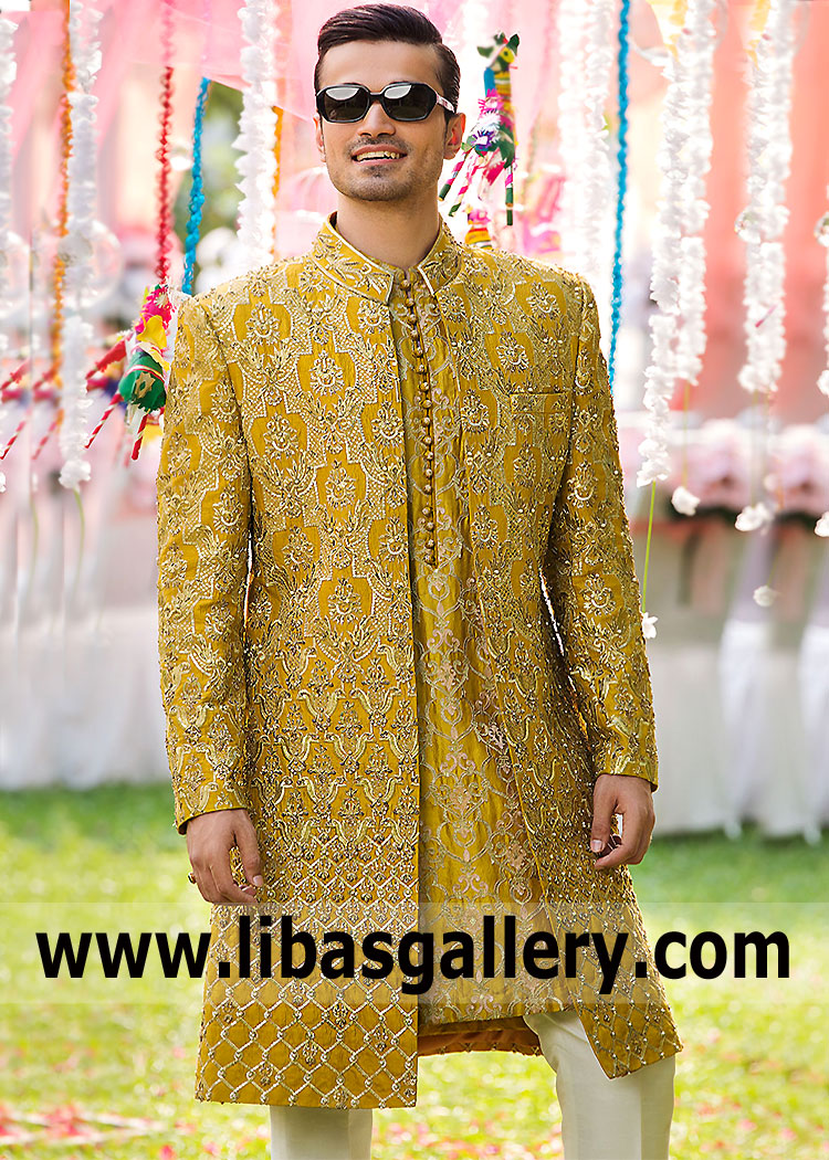 Front Open Style Luxury Saffron Embellished Men Wedding Sherwani Style