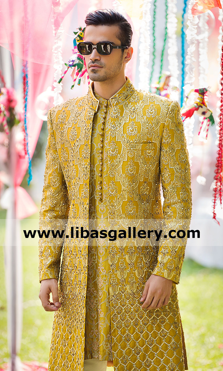 Front Open Style Luxury Saffron Embellished Men Wedding Sherwani Style