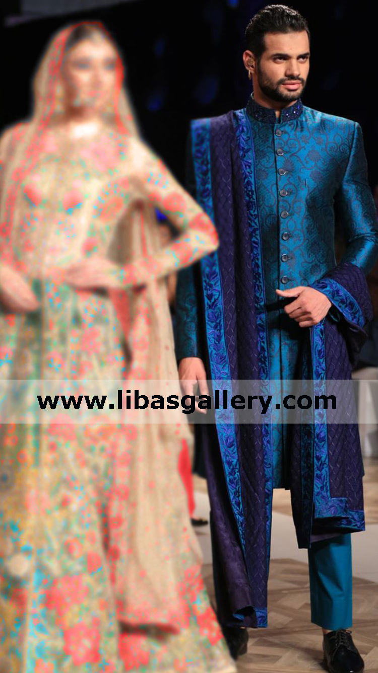 Common man in imperial blue jamawar groom wedding sherwani