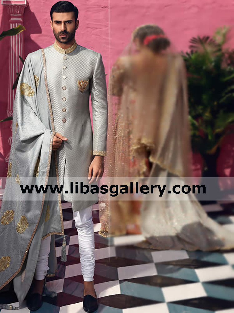 gainsboro color premium groom texture nikah barat mens sherwani achkan bespoke boutique for wedding sherwani california sugar land texas usa