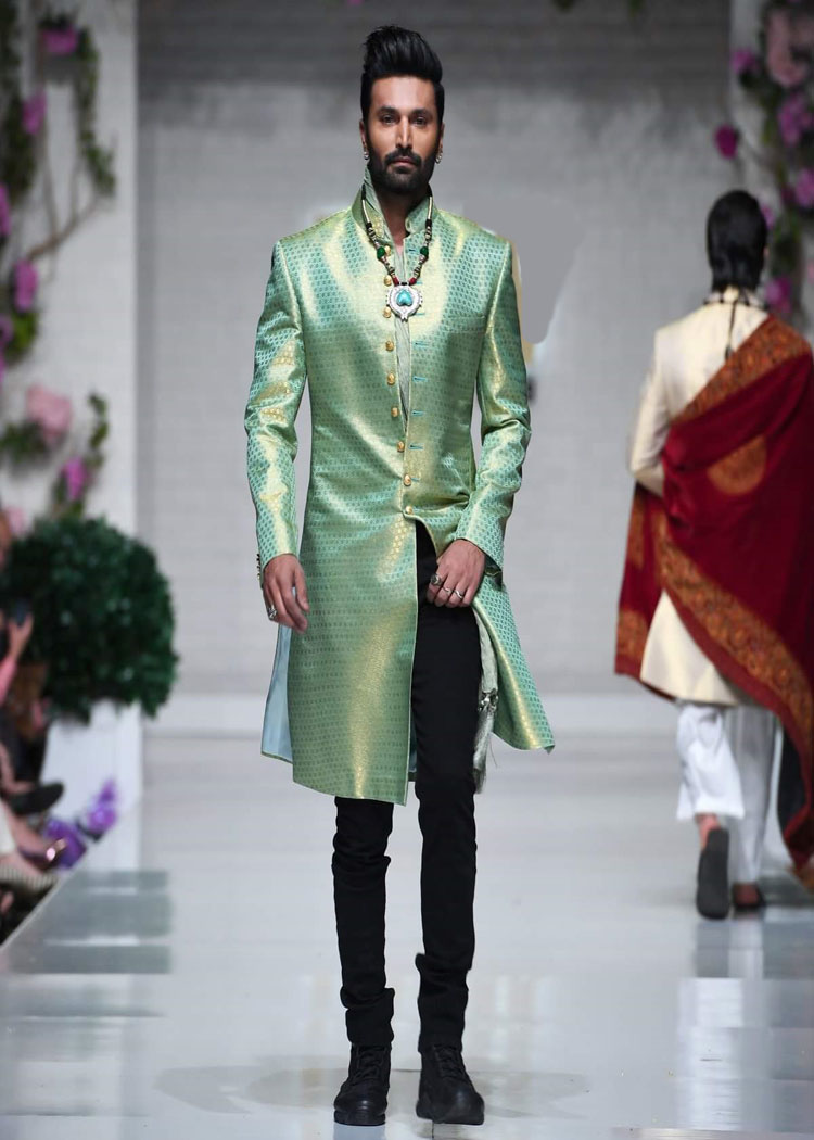 light green jamawar traditional gold button sherwani latest article