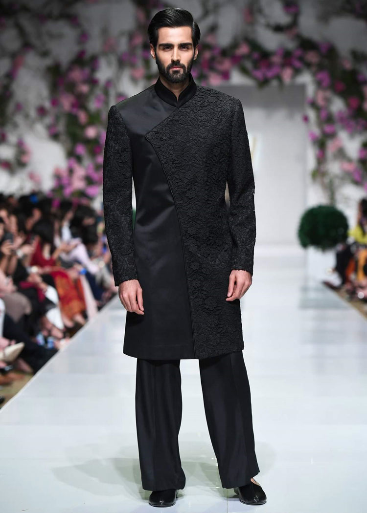 Angrakha style black heavy embroidered groom wedding sherwani design