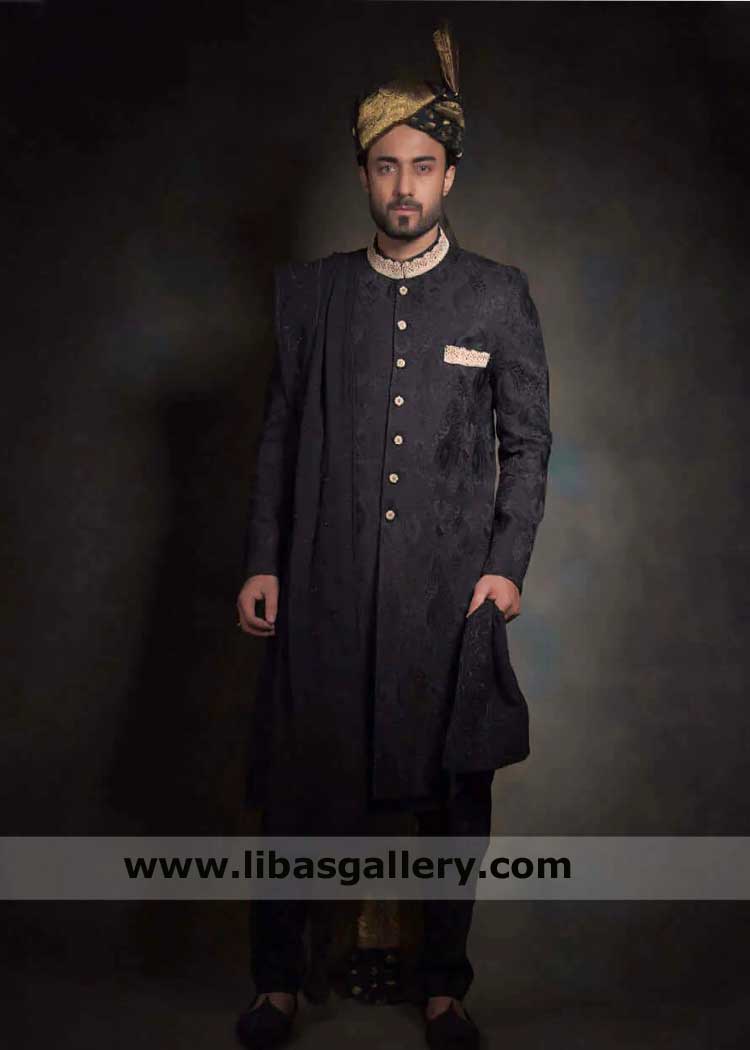 Traditional Black Nawaab Style Groom Sherwani