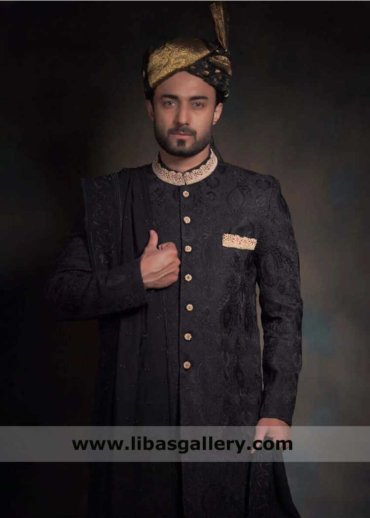 Traditional Black Nawaab Style Groom Sherwani