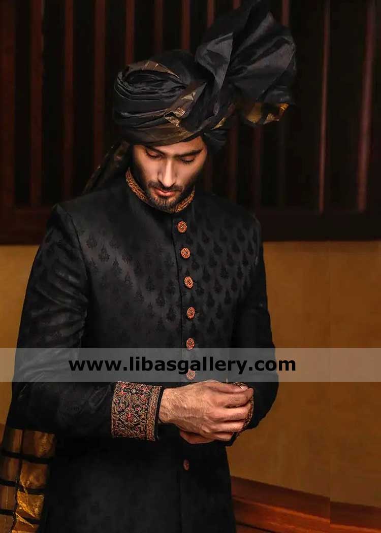 Black Antique gold Groom Jamawar Sherwani Style 