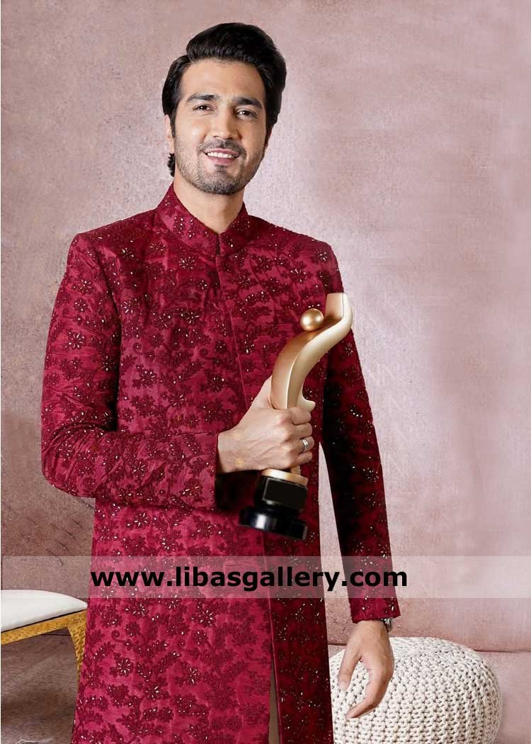 Groom Maroon Nikah Embellished Sherwani