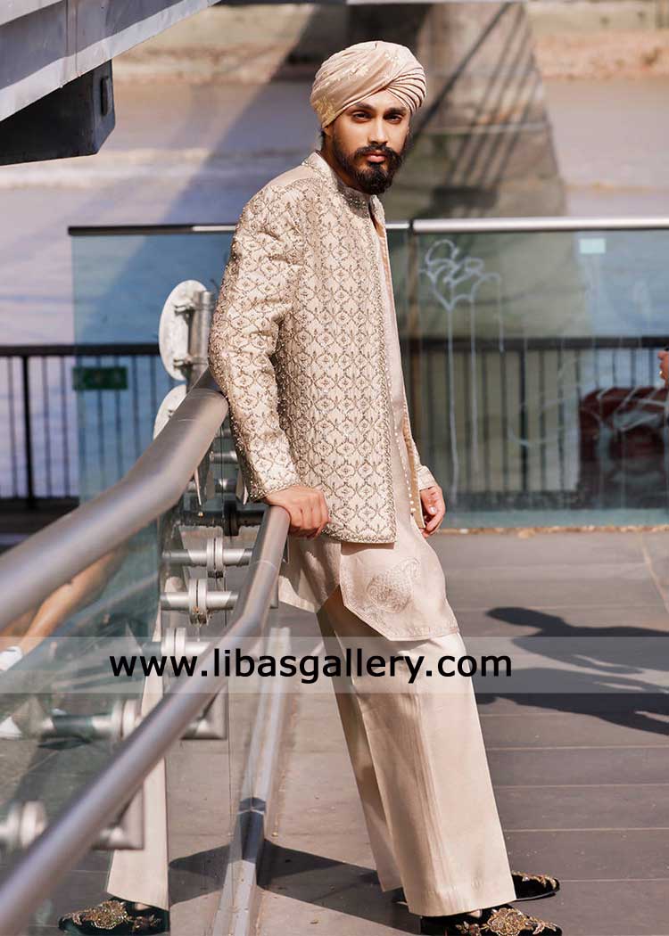 Short Open Sherwani in Mughal inspired Jaal Embroidery