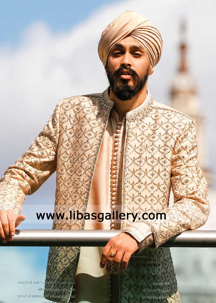 Short Open Sherwani in Mughal inspired Jaal Embroidery