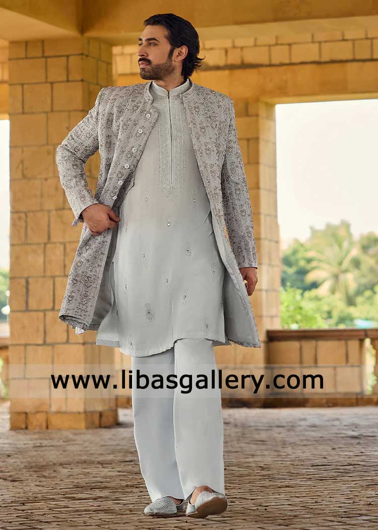 Silver Blue Groom Embroidered Wedding Sherwani