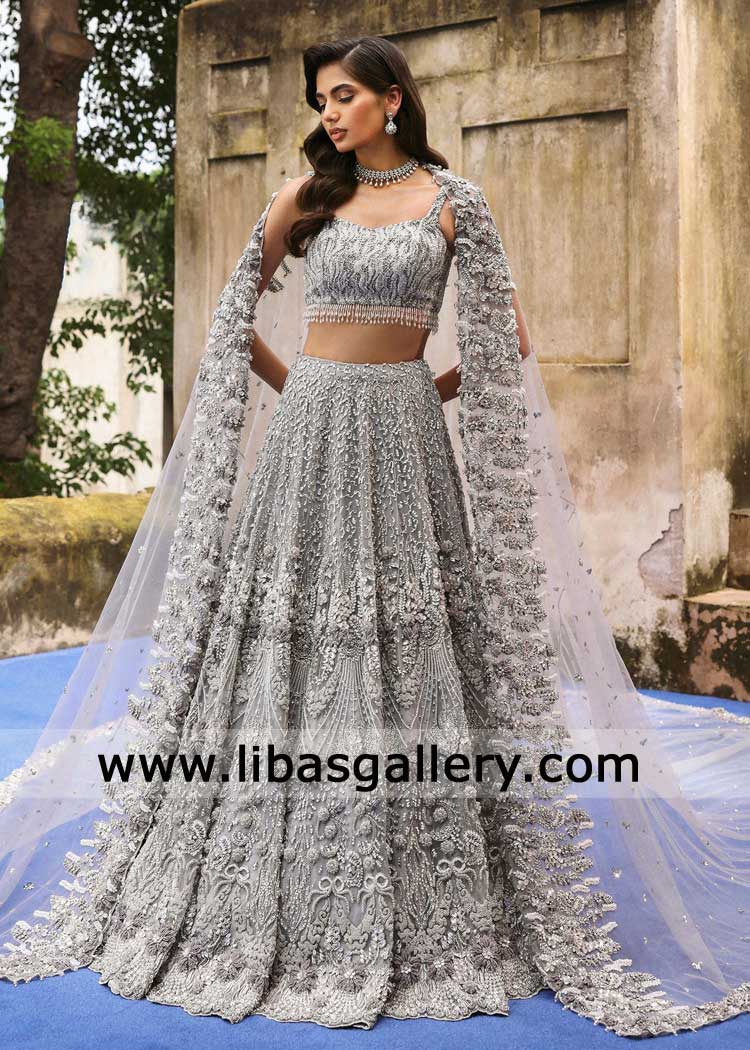 Bridal Silver Grey Hand Embellished Lehenga Choli