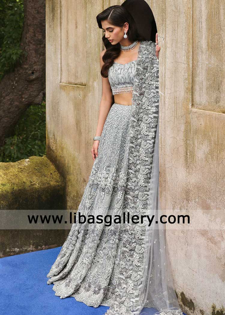 Bridal Silver Grey Hand Embellished Lehenga Choli