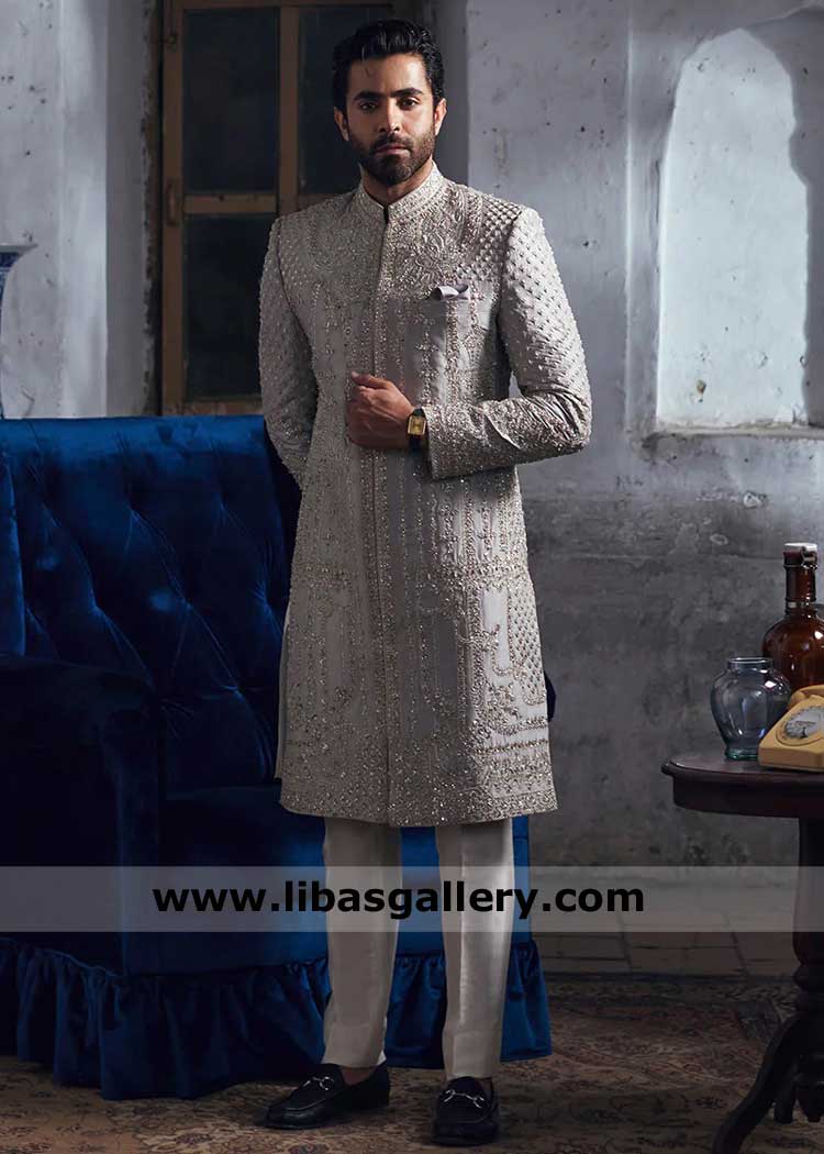 Groom hand embroidered silver gray wedding sherwani, groom nikah sherwani, raw silk sherwani Dubai Mississauga Sugarland London Sydney