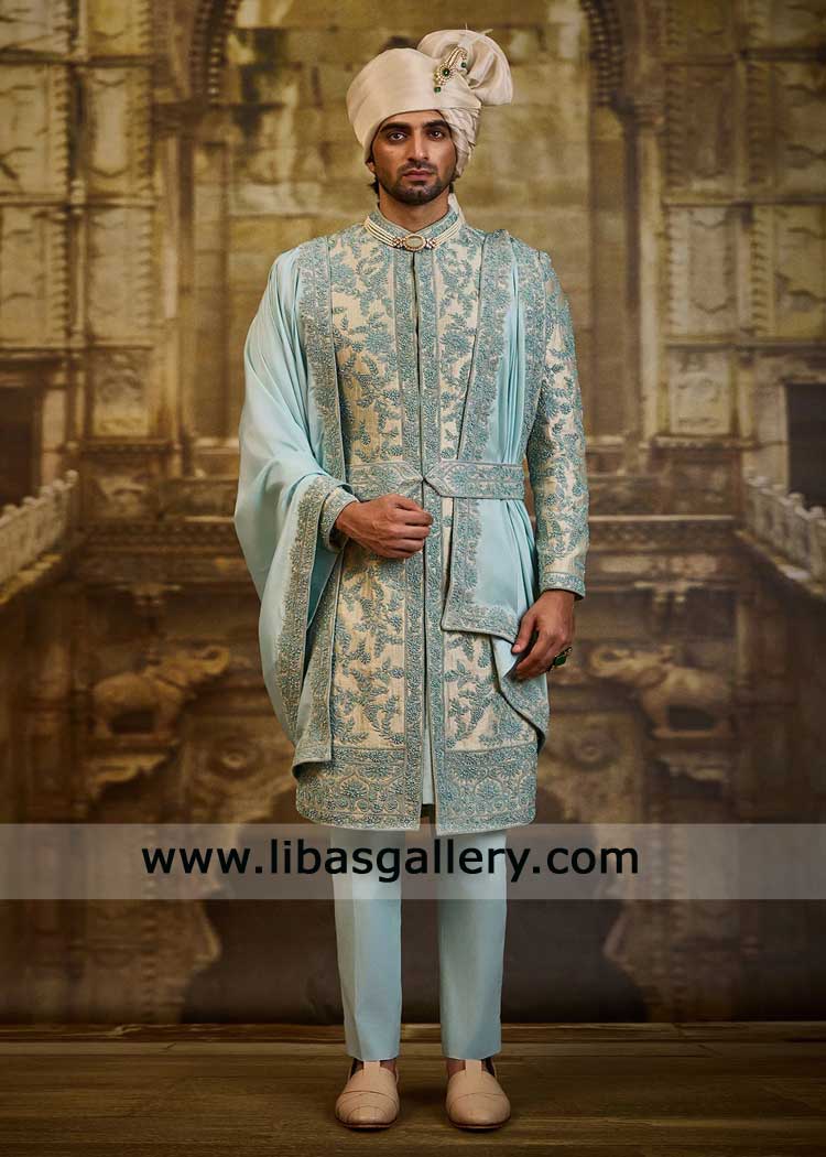 Sky Blue Hand Embellished Groom Sherwani