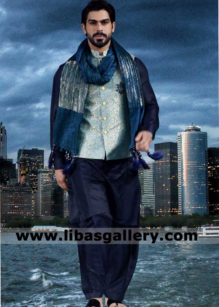 Jamawar Waistcoat Style for Men Occasion in Sky blue color with blue kurta shalwar and matching stole Orlando Colorado Sugarland Texas USA Jamawar Waistcoat Style for Men Occasion in Sky blue color with blue kurta shalwar and matching stole Orlando Colorado Sugarland Texas USA