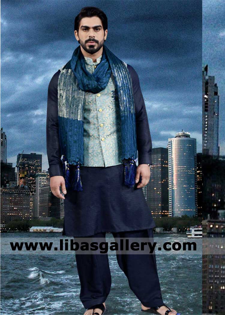 Sky blue Jamawar Waistcoat Style for Men Occasion