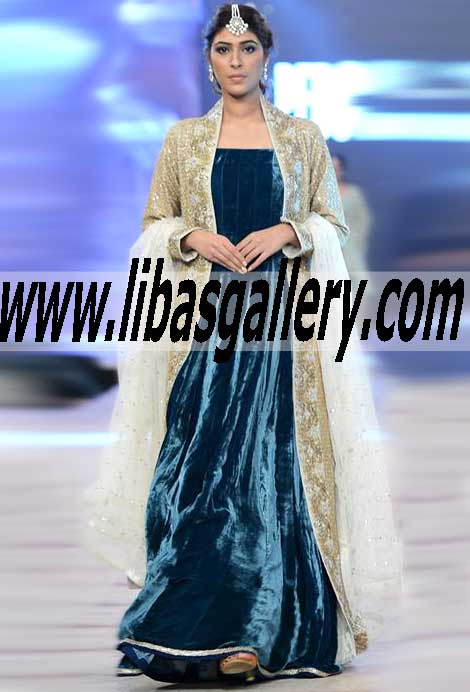 Astonishing Special Occasion Prussian Blue Velvet Gown with Heavy Embellished Jacket