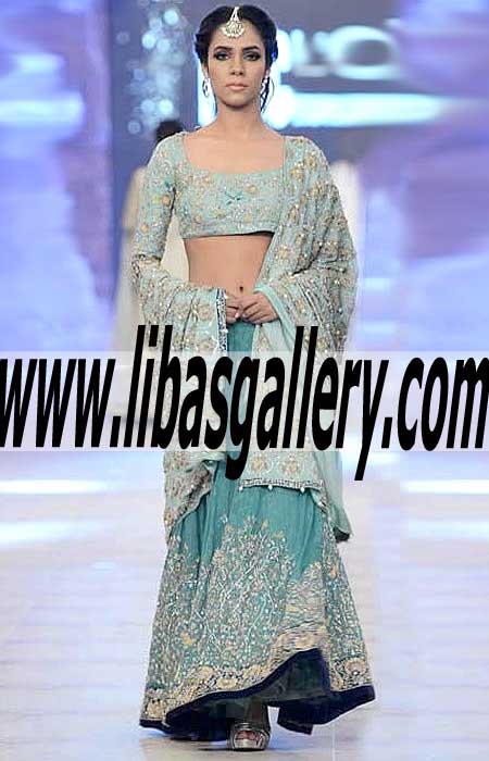 Breathtaking Light Verdigris Dress with Fabulous Dark Cyan Lehenga for Wedding and Formal Events