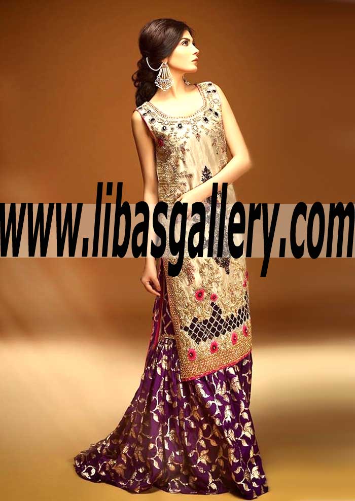 Grandiose Banarasi Jamawar Gharara in Tyrian Purple color with Elegant Embellished shirt for Special Occasions