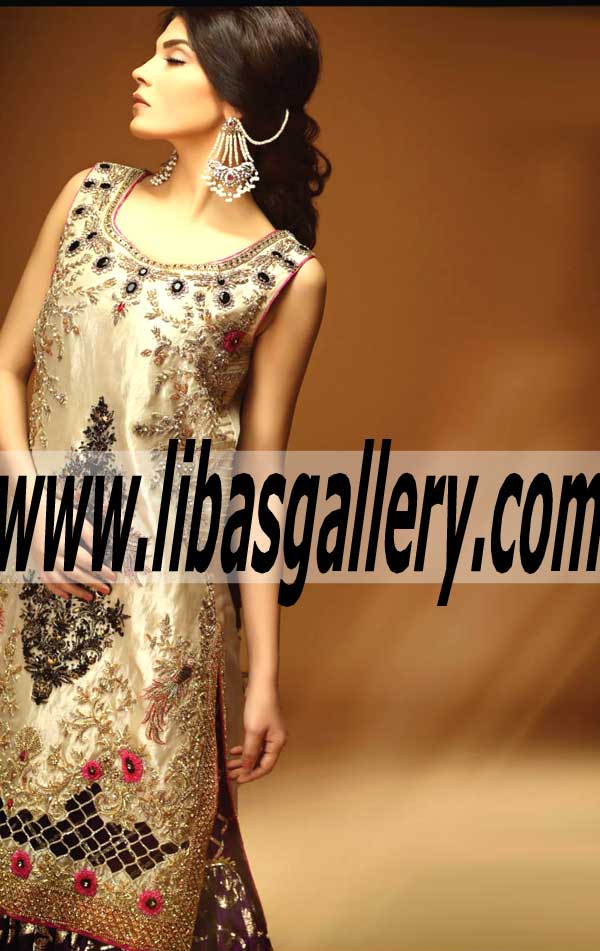 Grandiose Banarasi Jamawar Gharara in Tyrian Purple color with Elegant Embellished shirt for Special Occasions