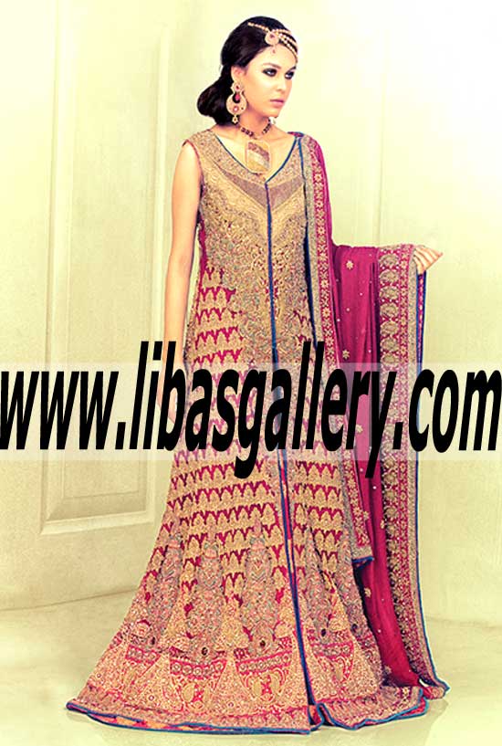 Glorious Chiffon A line Spring Fall Bridal Gowns with Astonishing Banarasi Jamawar Lehenga for Beautiful Brides