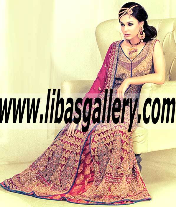 Glorious Chiffon A line Spring Fall Bridal Gowns with Astonishing Banarasi Jamawar Lehenga for Beautiful Brides