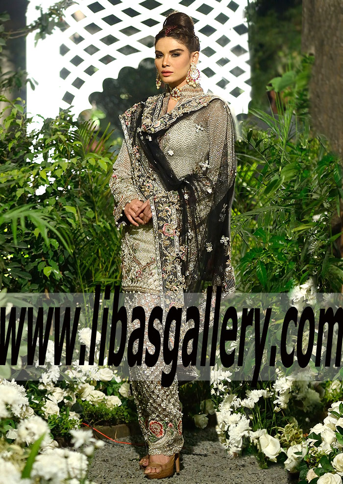 Elan Irresistible Platinum Colored Wedding Engagement Dress With Beautiful Embellishments For Special Occasions Halifax UK Shalwar Kameez Pakistan