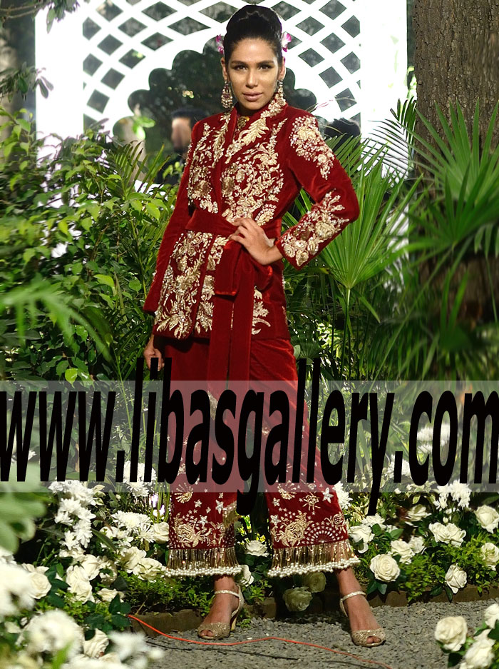 Elan Outstanding Red Colored Fall Winter 2017 Velvet Party Dress With Stylish Embellishments For Special Occasions Pakistani Dresses Ilford UK