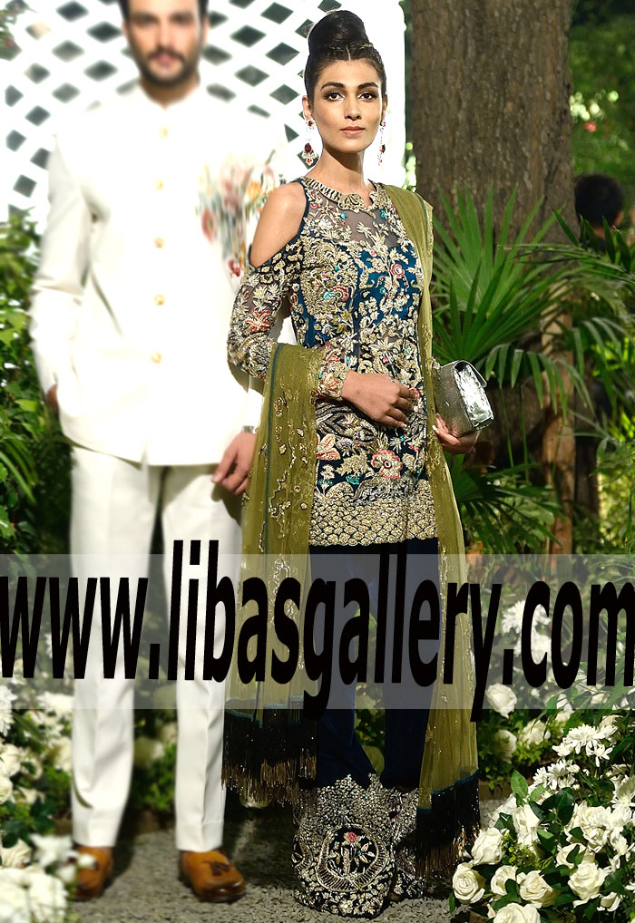 Elan Miraculous Blue Colored Evening Outfit With Exquisite Embellishments Bell Bottom Pants For Special Occasions Newham Milton UK Shops Online