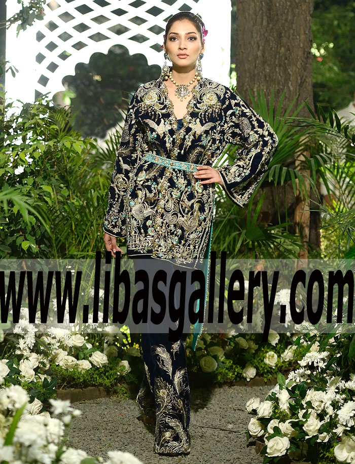 Charismatic Blue Colored Velvet Fall/ Winter Beautifully Exquisite Embellishments For Special Occasions Elan Bromley UK Pakistani Party Dresses
